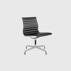 Eames Aluminium Group Side Chair | No Arms | Polished Aluminum | Black Leather
